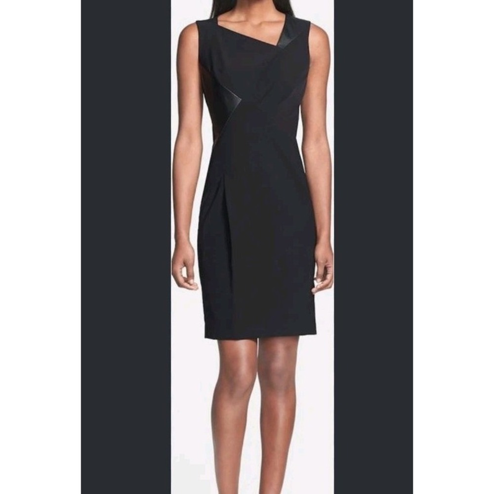 Lafayette 148 New York Asymmetrical Neck Shift Dress 6 Black Leather Panel